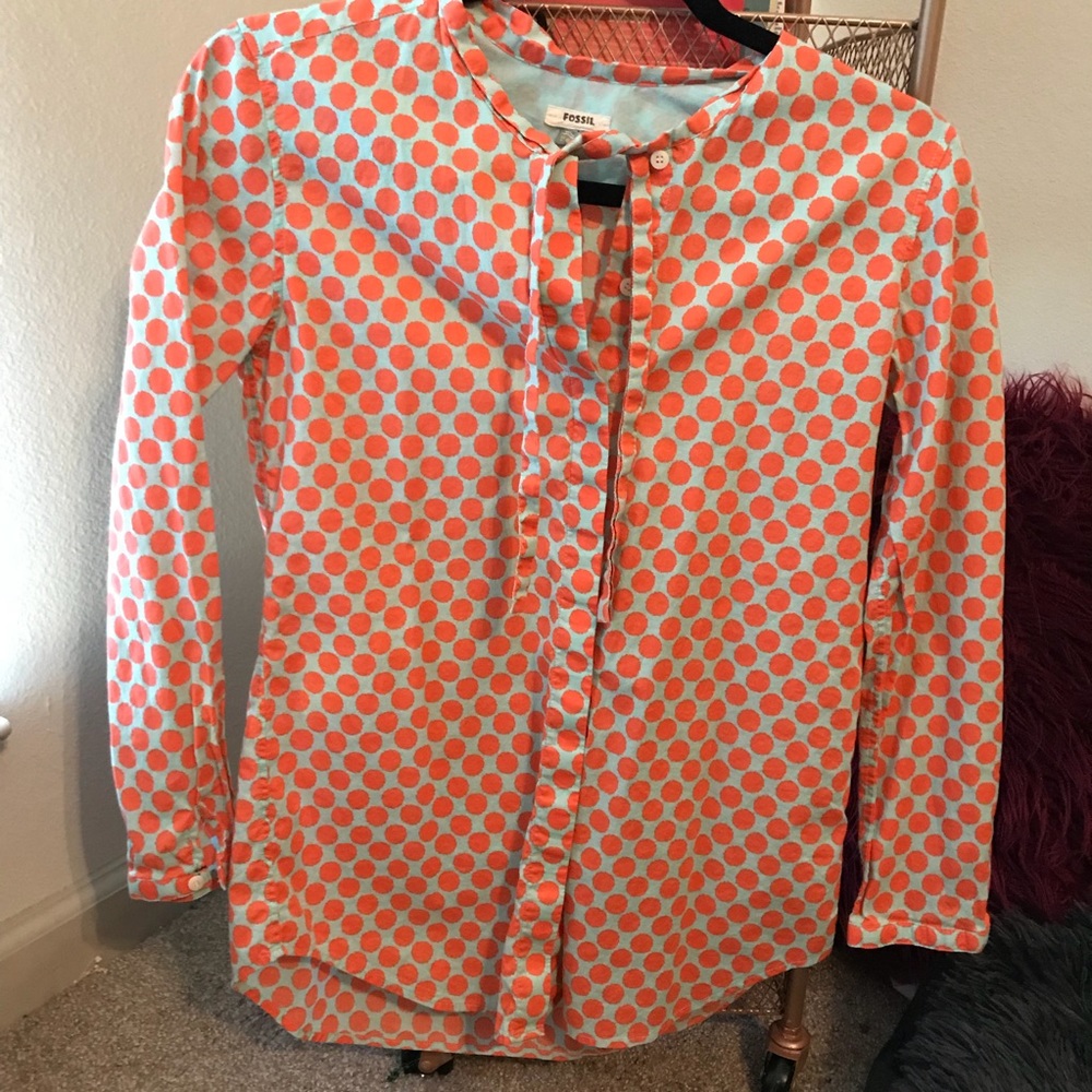Fossil orange polkadot button down blouse